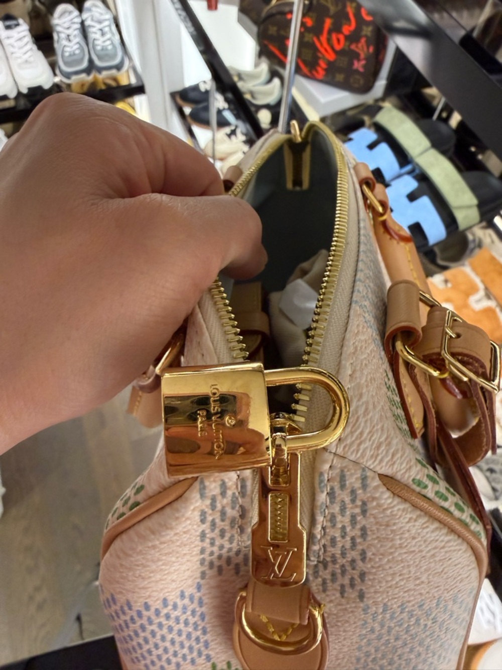 Louis Vuitton Cream, Tan, and Green Speedy 20 Bag - Picture 9 of 16